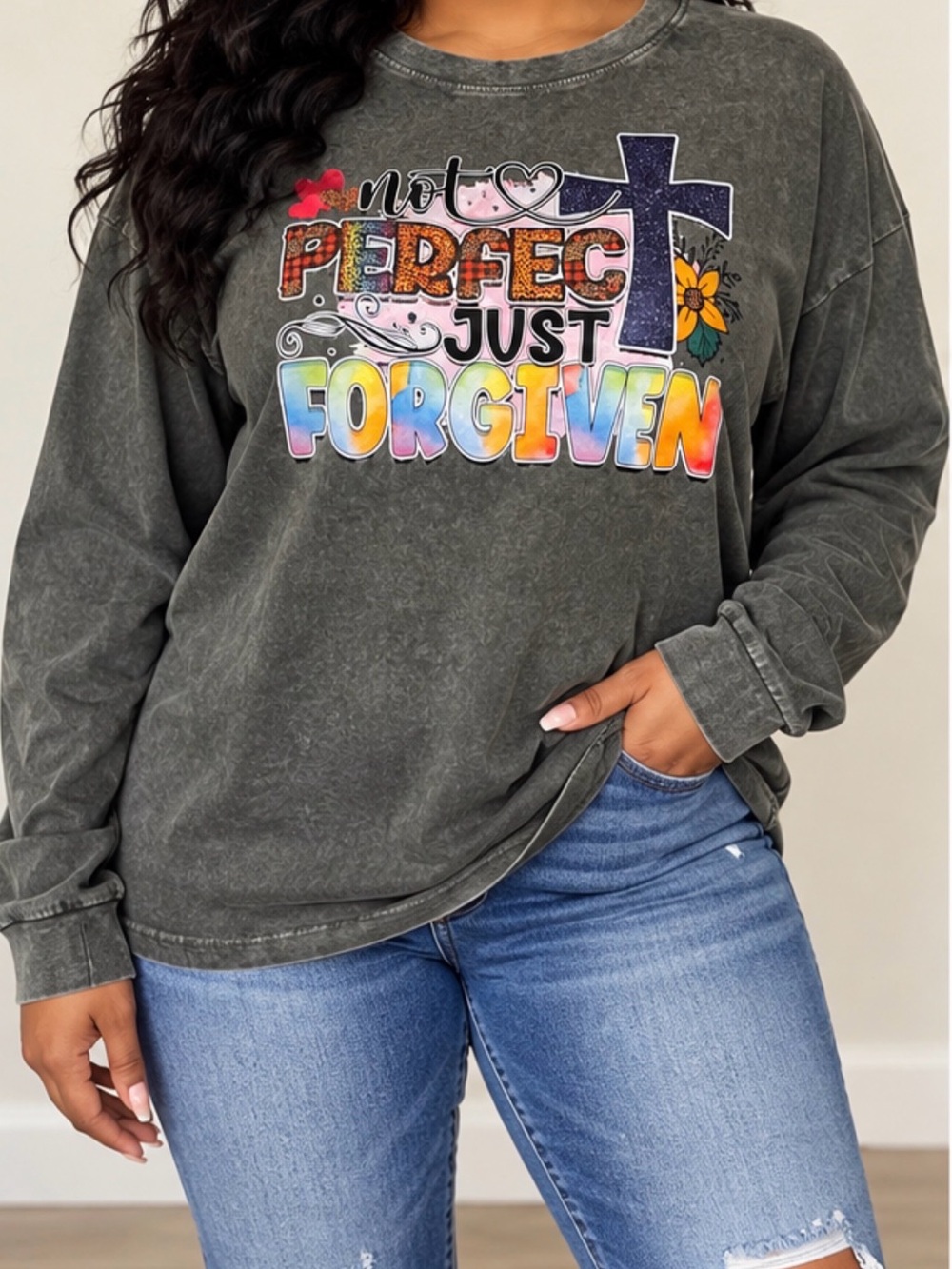 Not Perfect Just Forgiven Graphic Long-Sleeve Top - Charcoal